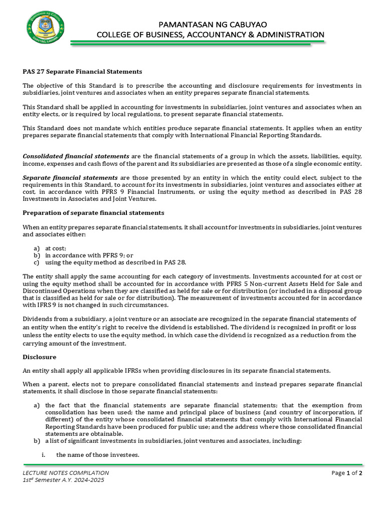 PAS 27: Separate Financial Statements | PDF | Financial Statement ...