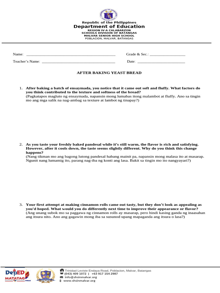 After Baking Yeast Bread Questionnaire | PDF | Breads | Fermentation In ...
