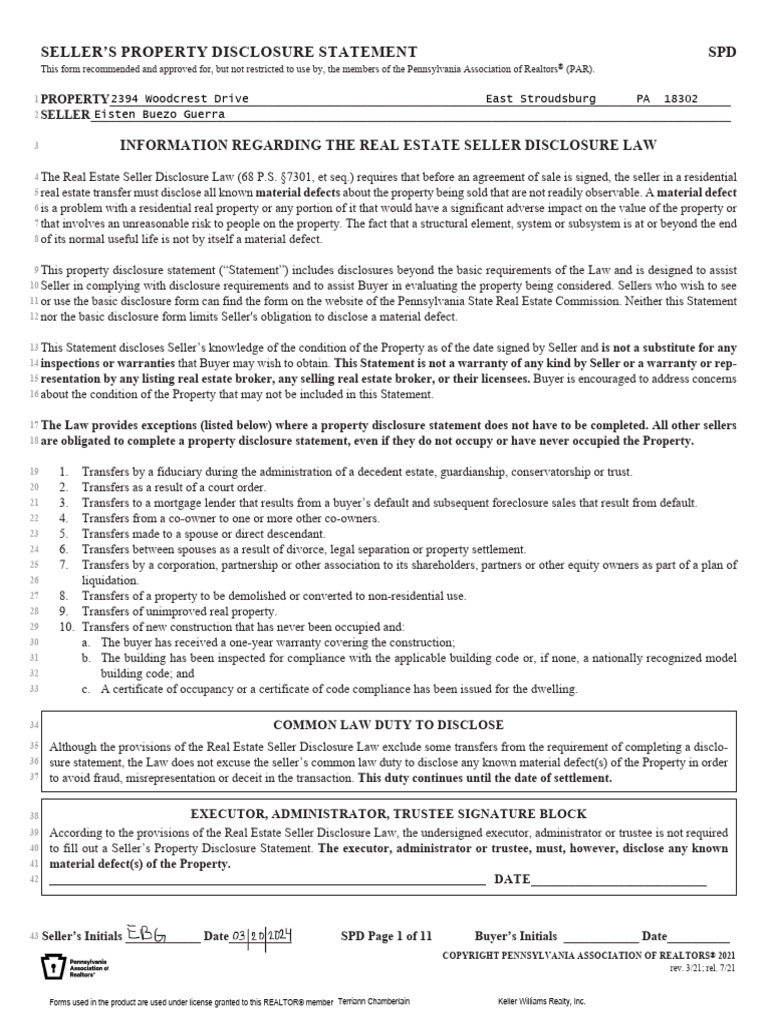 PAR - Sellers Property Disclosure Statement | PDF | Water Heating