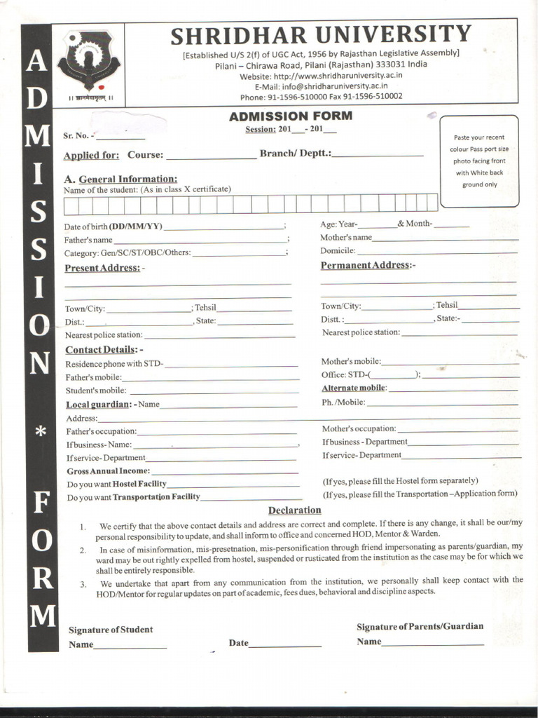 Shridhar University Registration Form | PDF