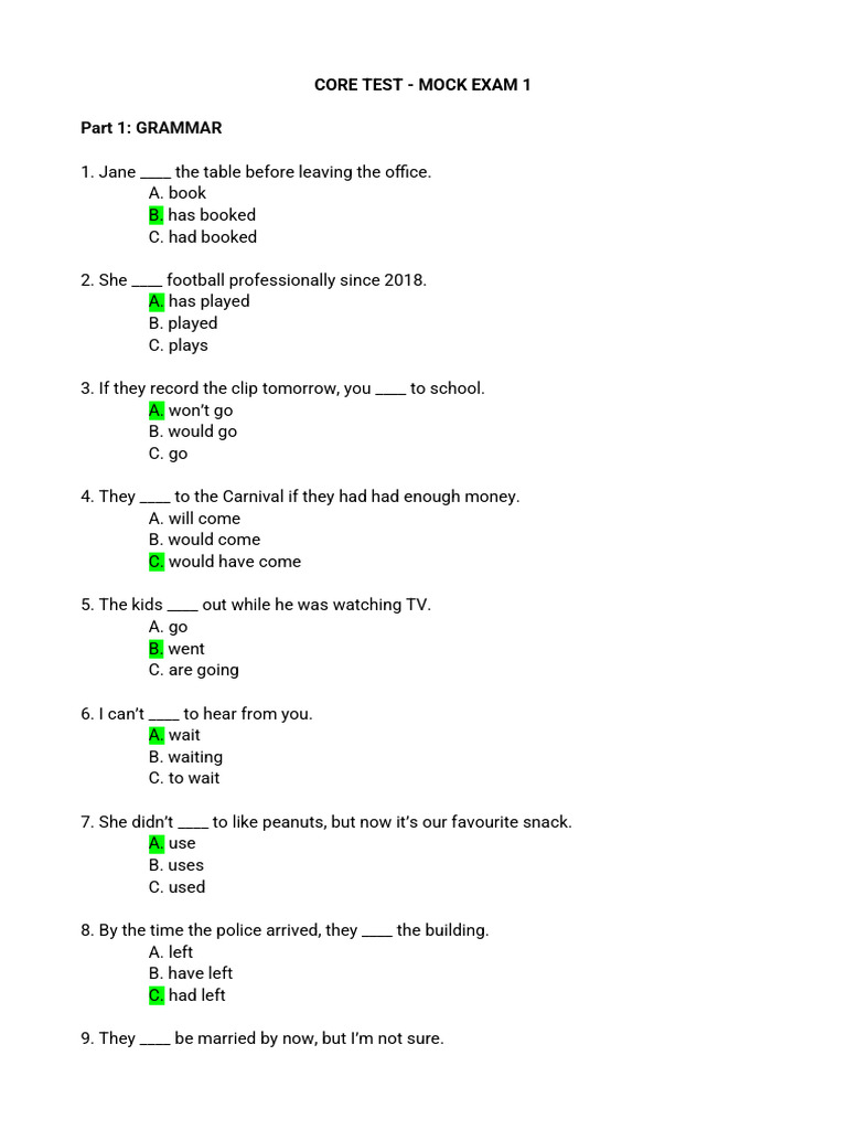 Part 1: GRAMMAR: Core Test - Mock Exam 1 | PDF | Pablo Picasso | Cubism