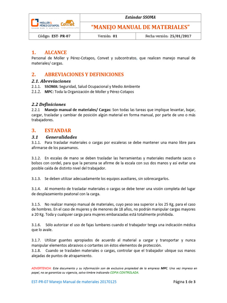EST-PR-07 Manejo Manual de Materiales 20170125 | PDF