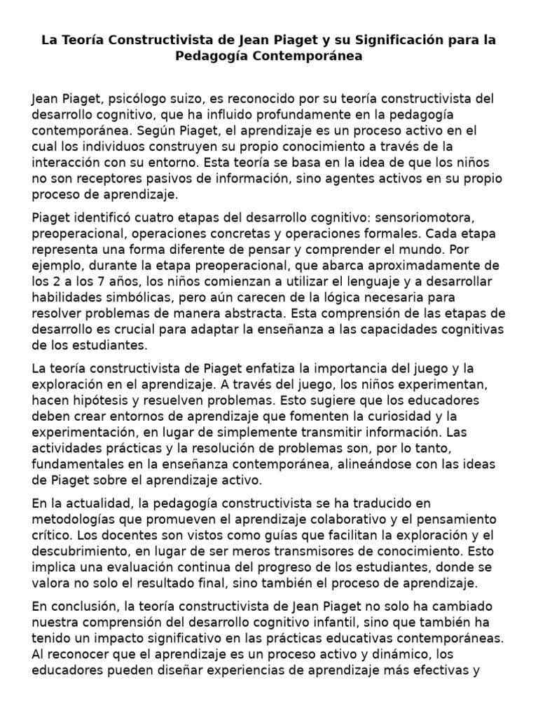 Constructivismo de Piaget en Educación | PDF | Constructivismo ...
