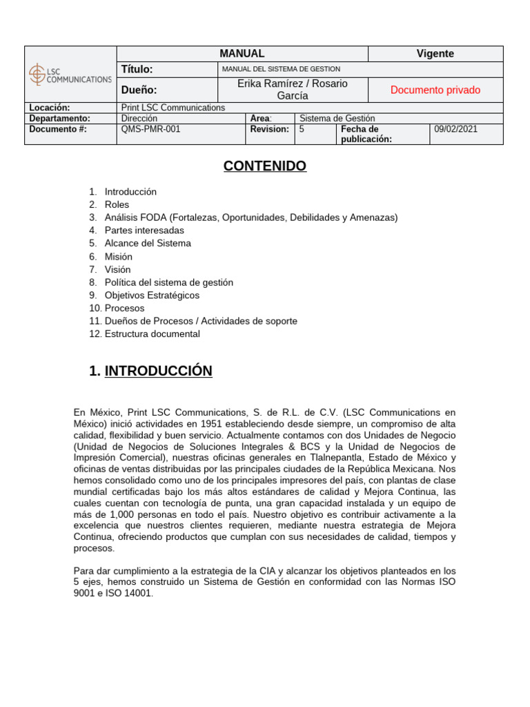 Manual Sistema de Gestión ISO 9001 y 14001 | PDF | Calidad (comercial ...