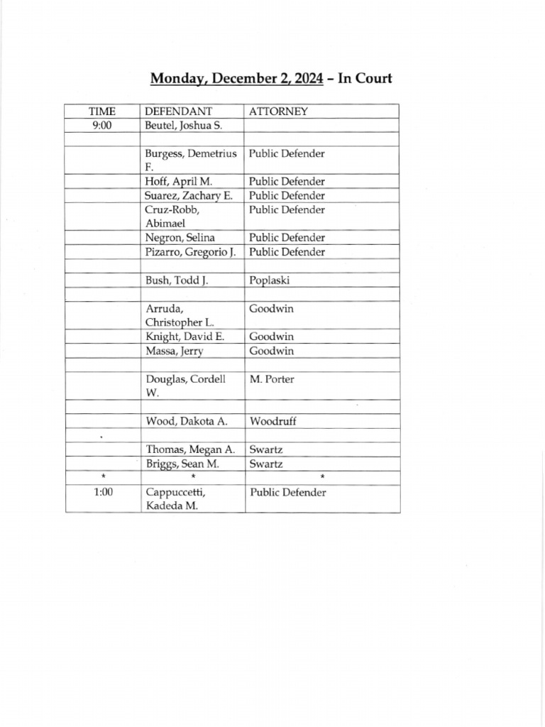Court Schedule for December 2, 2024 PDF