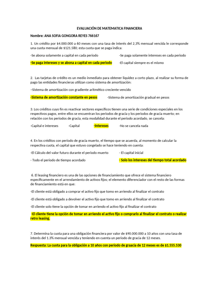 Evaluación de Matemática Financiera | PDF | Crédito | Finanzas y dinero