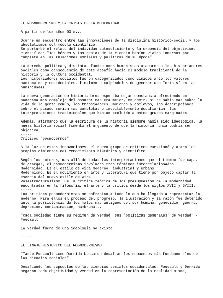Posmodernismo y Crisis de la Modernidad | PDF | Michel Foucault | Verdad