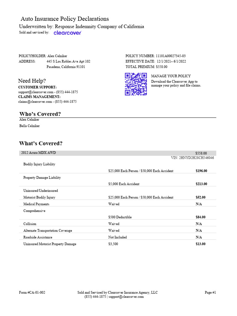 Acura Insurance Policy Summary | PDF | Insurance | Vehicle Insurance