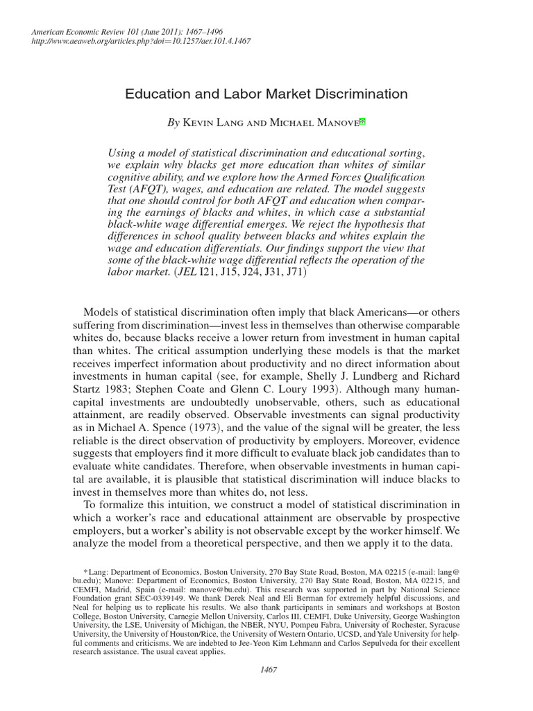 Statistical Discrimination in Education | PDF | Labour Economics ...