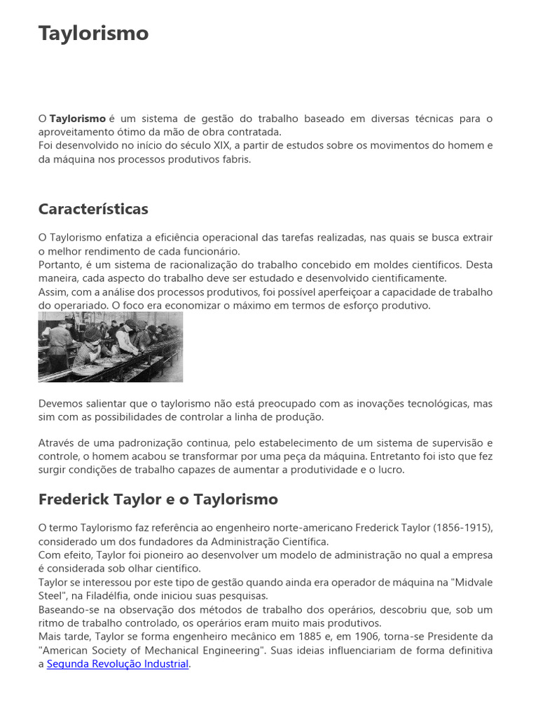 Taylorismo: Gestão Científica do Trabalho | PDF | Produção e fabricação ...