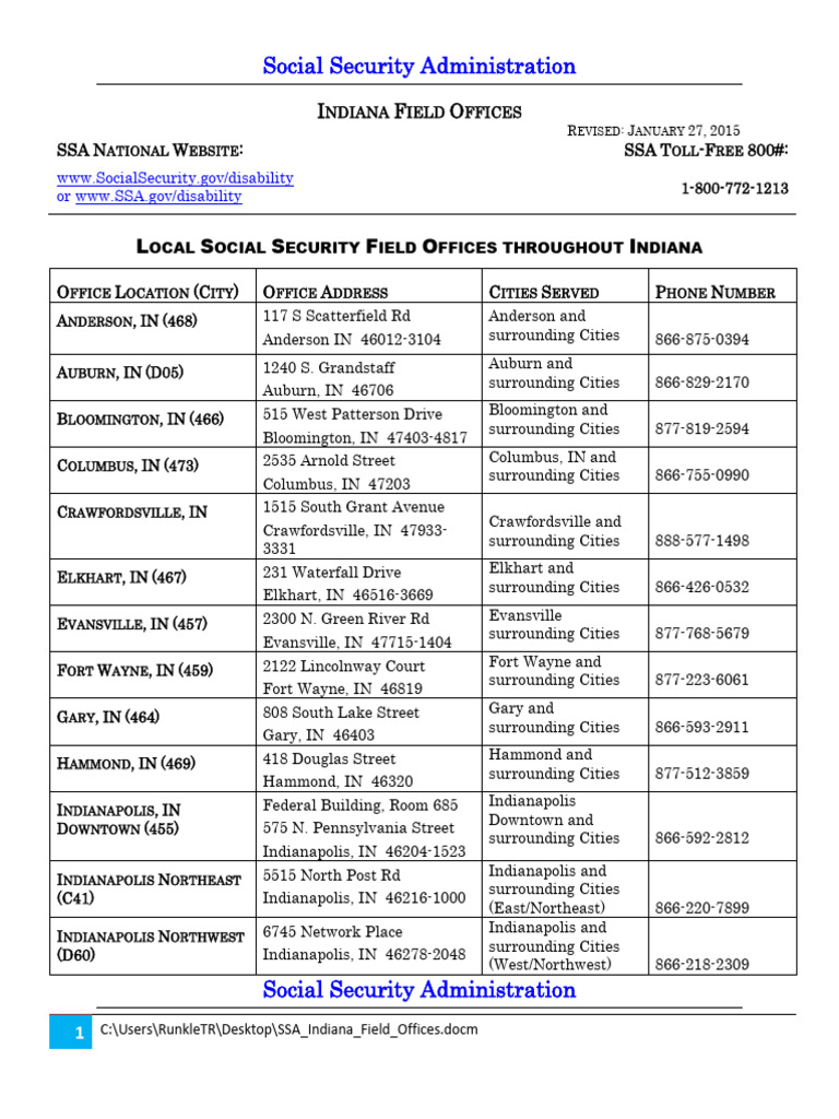 Indiana Social Security Office Locations | PDF | Indiana | Public ...