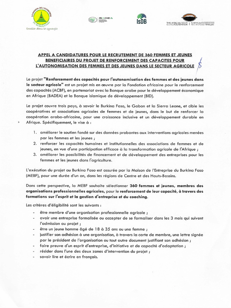 Appel A Candidatures Pour Le Recrutement de 360 Femmes Et Jeunes 1 | PDF