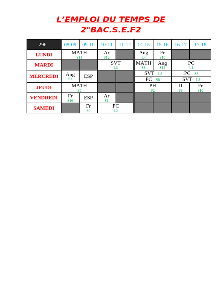Emploi du temps 2°BAC S.E.F2 PDF | PDF