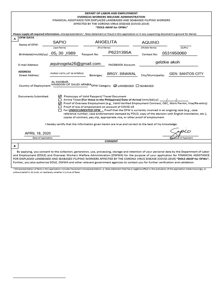 (Gelay) Dole Akap Application Form | PDF | Misrepresentation | Travel Visa