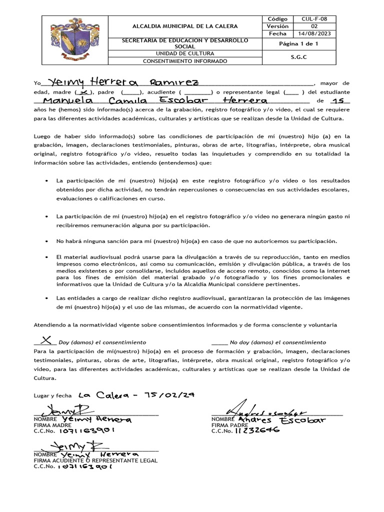 Consentimiento para Actividades Culturales | PDF