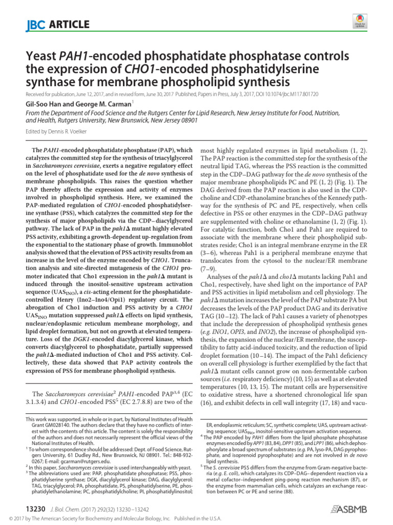 PAH1 Regulates CHO1 for Phospholipid Synthesis | PDF | Cellular ...