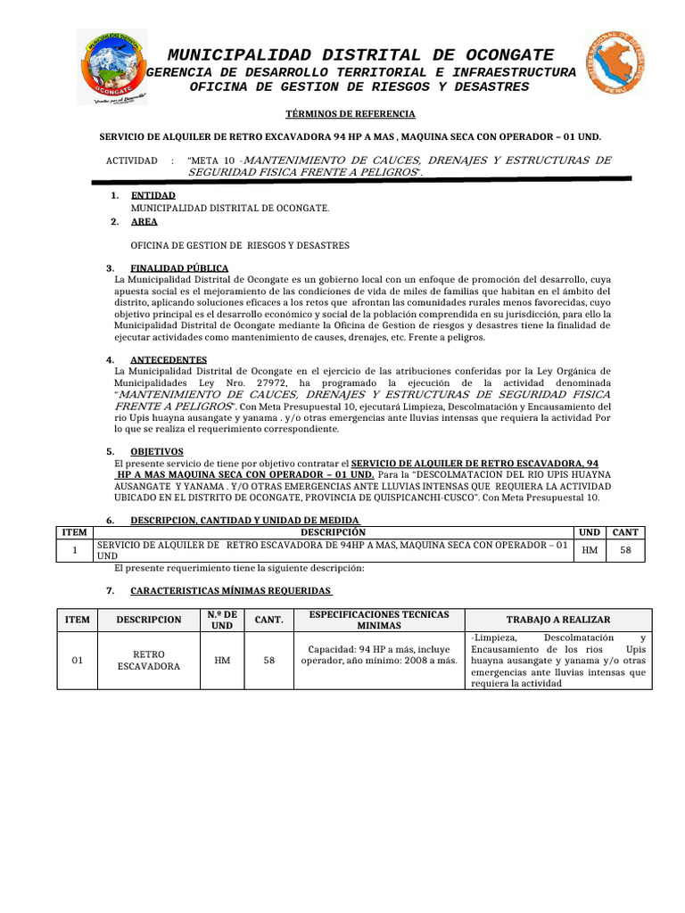 Alquiler de Retroexcavadora para Mantenimiento en Ocongate | PDF ...
