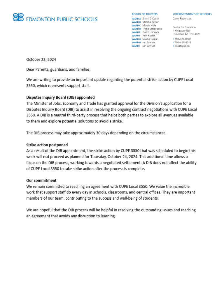 Strike Update - Letter To Families Oct. 22, 2024 | PDF