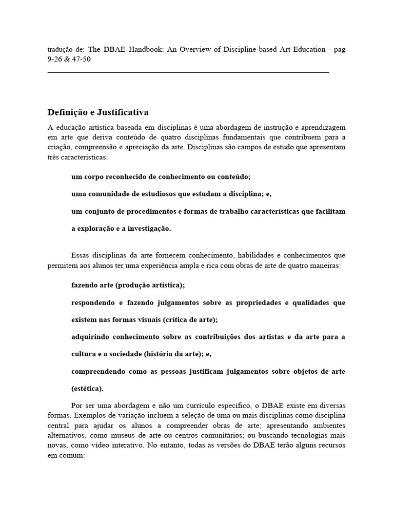 Introdução ao DBAE na Educação Artística | PDF | Estética | Aprendizado