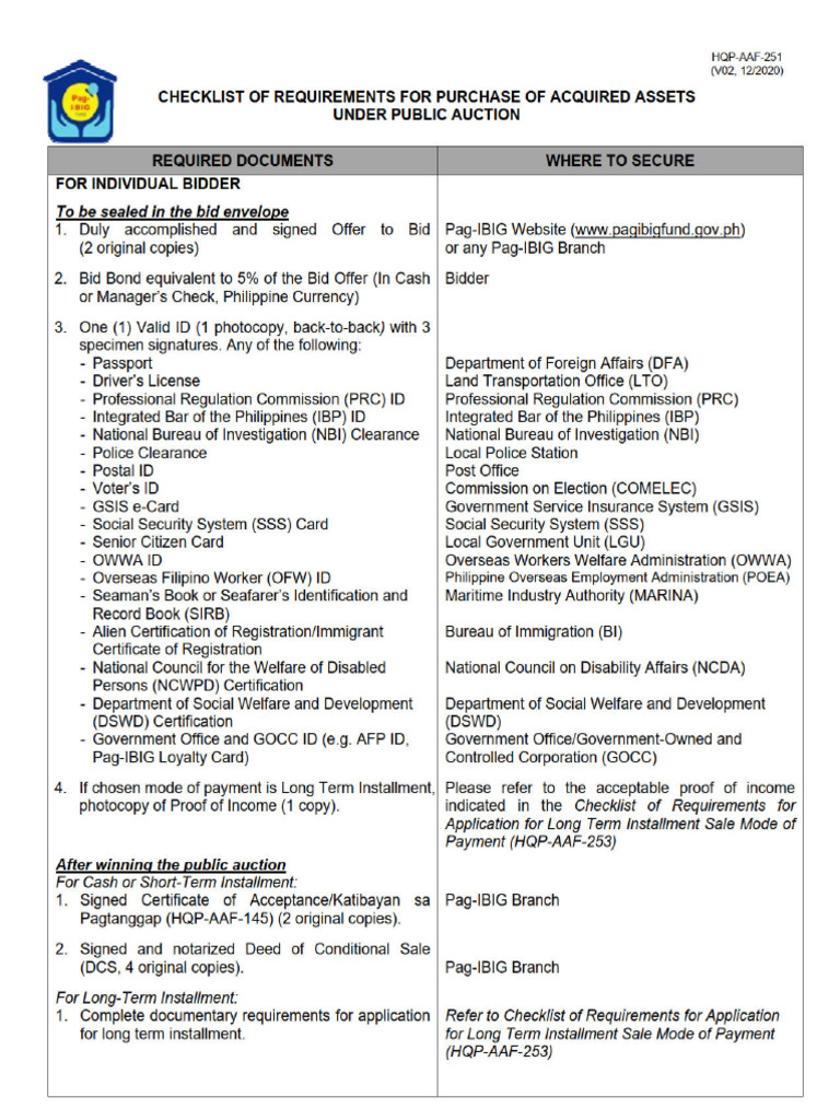 AAF251 ChecklistRequirementsROPAPublicAuction V02 | PDF