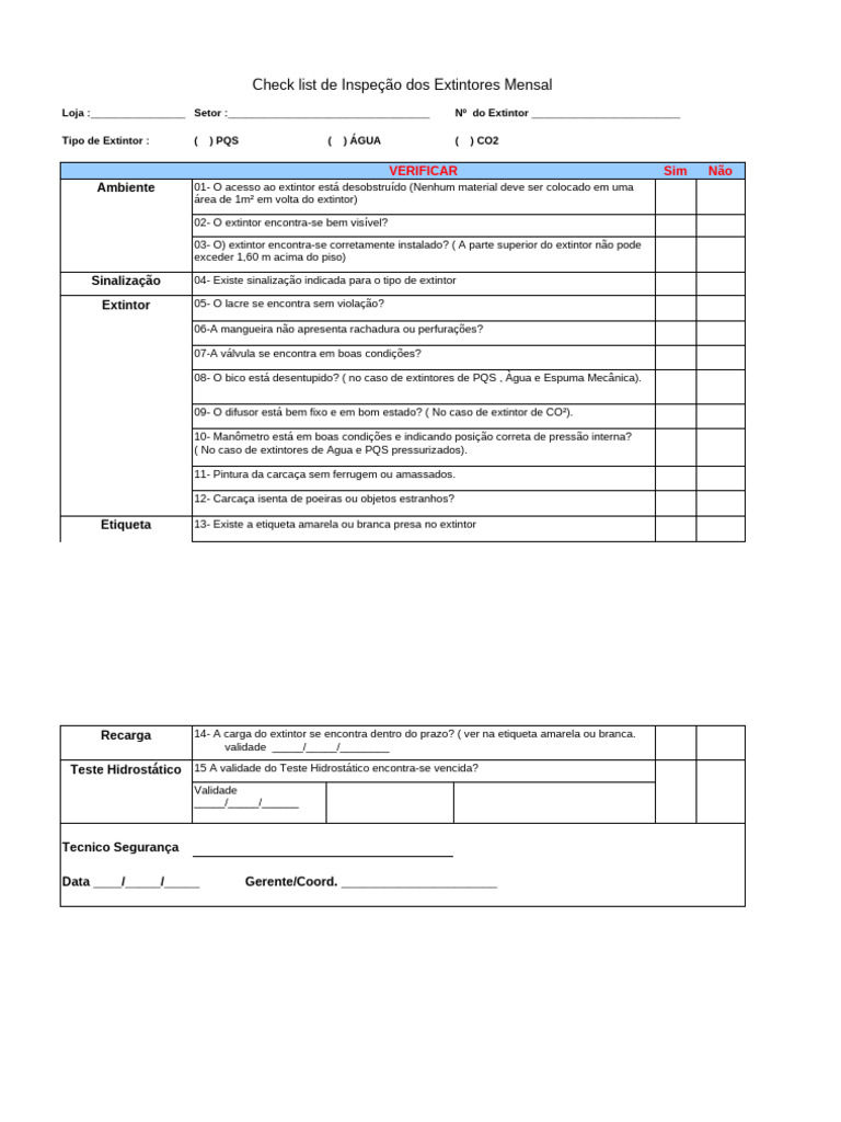 Checklist Mensal de Inspeção de Extintores | PDF
