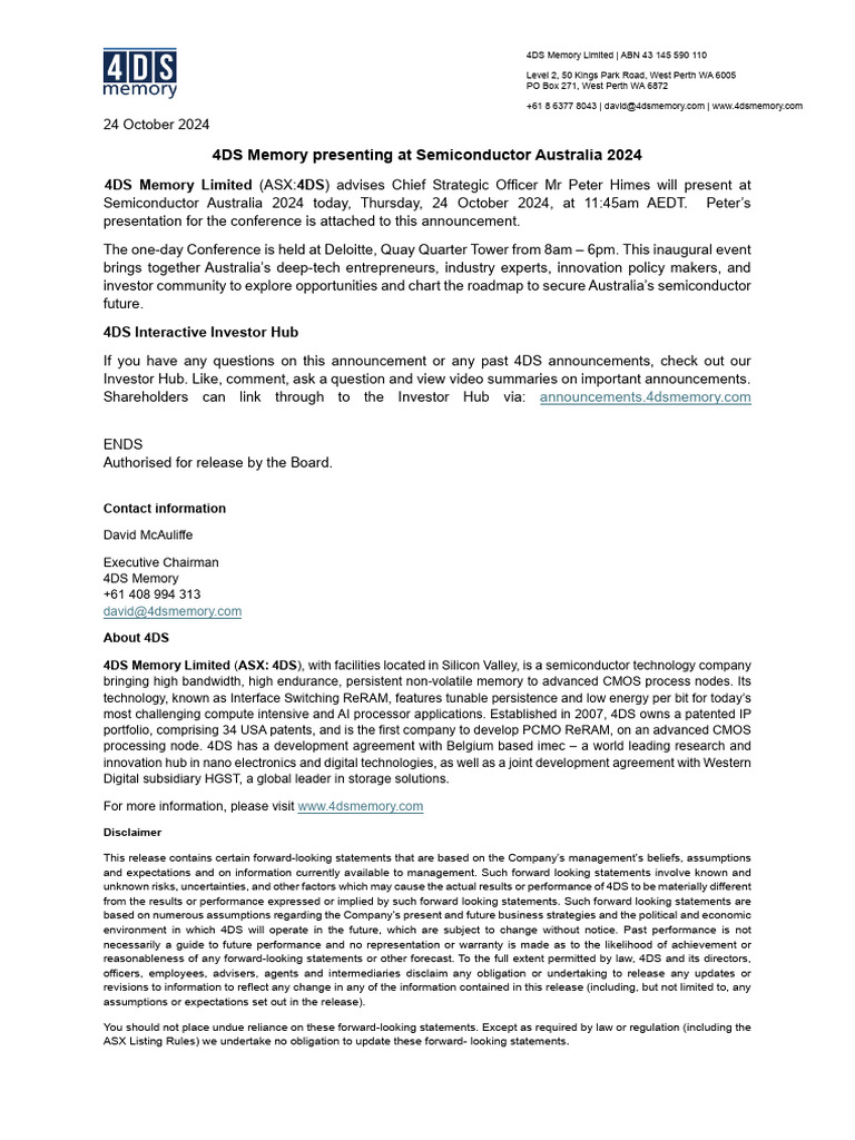 4DS Memory at Semiconductor Australia 2024 | PDF | Computer Memory ...