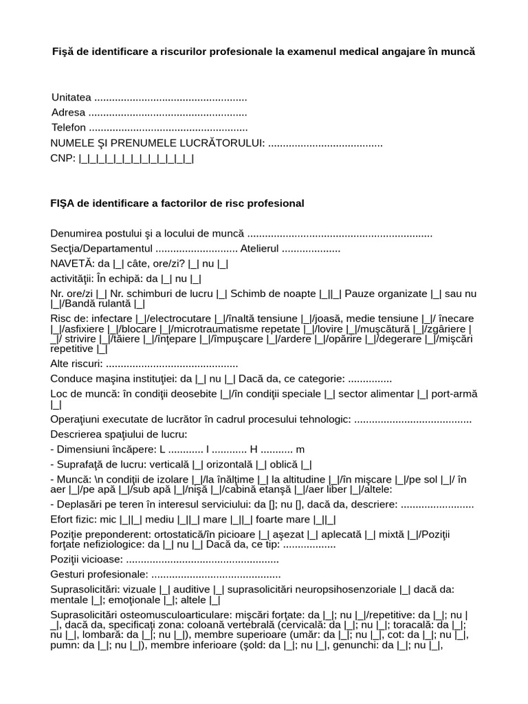 Fisa de Identificare Riscuri Profesionale La Examen Medical Angajare in ...