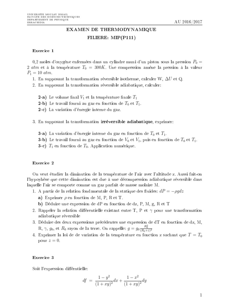 Examen de Thermodynamique 2016-2017 | PDF | Pression | Enthalpie libre