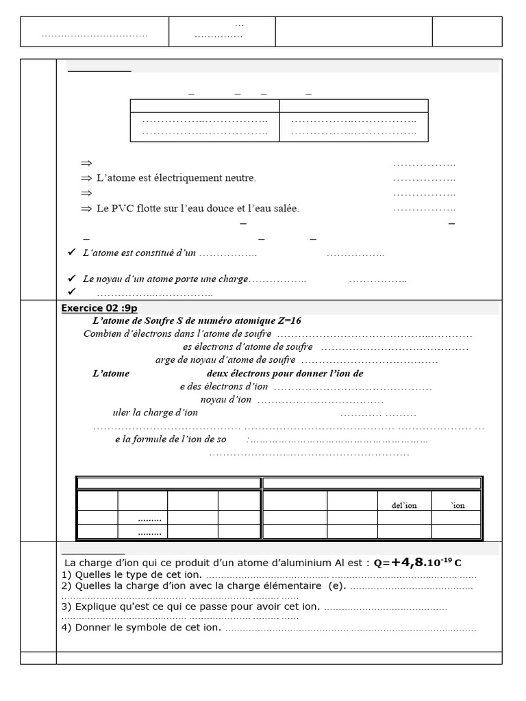 Contrôle 1 Physique 3AC Semestre 1 | PDF | Atomes | Ion