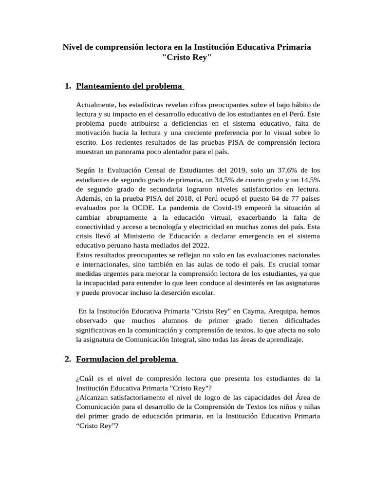 Nivel de Comprensión Lectora en La Institución Educativa Primaria | PDF