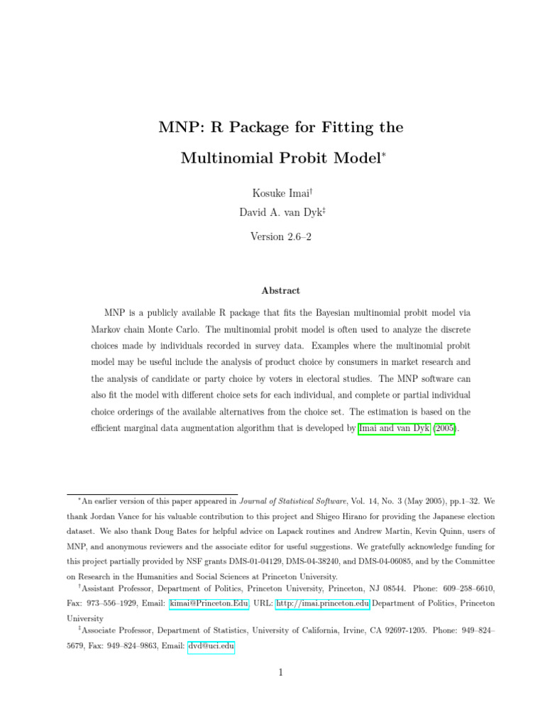 Mnp r package for fitting the multinomial probit model kosuke imai