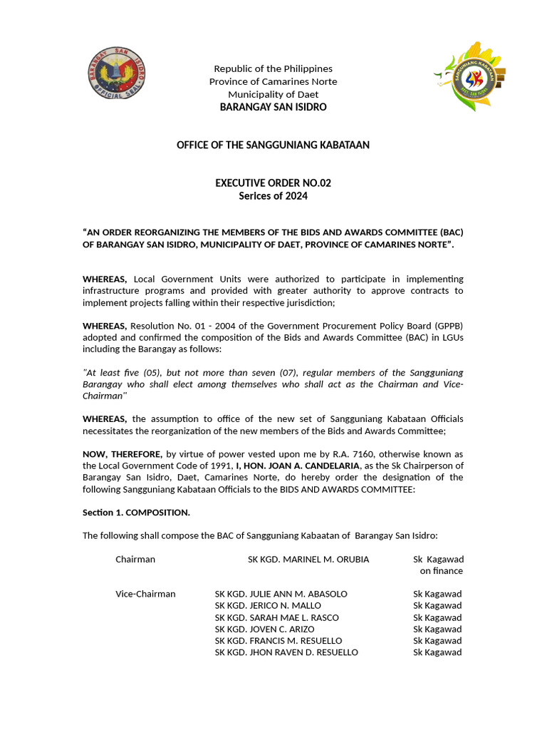 Reorganizing Barangay San Isidro BAC | PDF | Justice | Crime & Violence