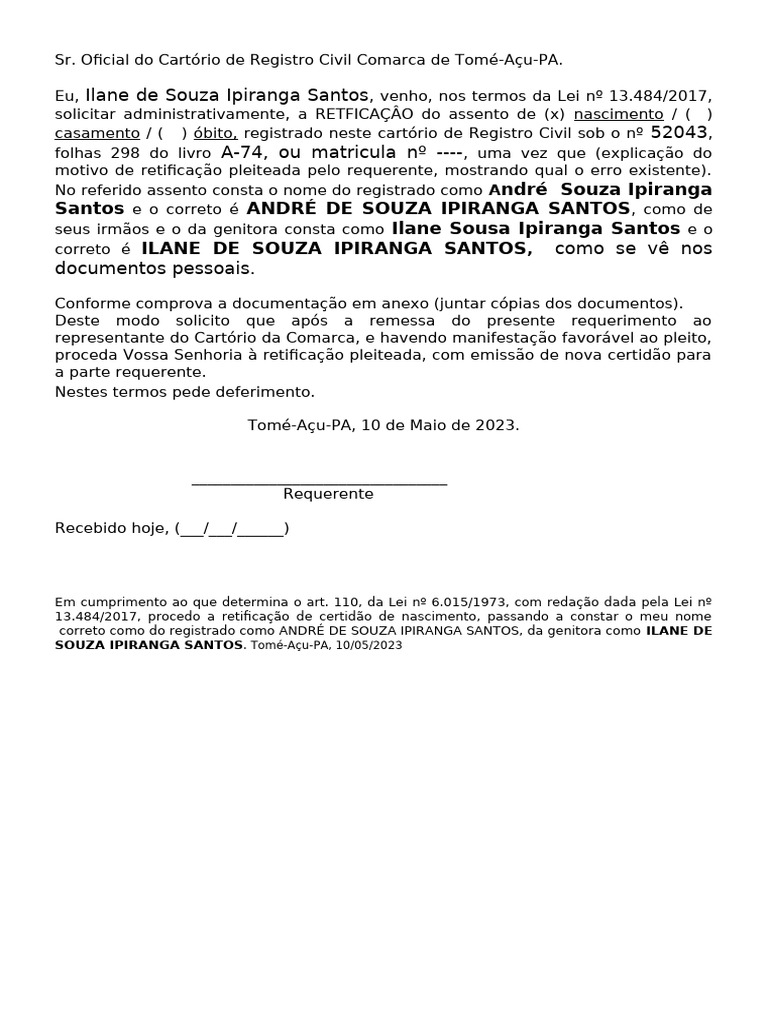 Requerimento de RETIFICAÇÃO-lei13484-2017-ANDRÉ DE SOUZA IPIRANGA ...