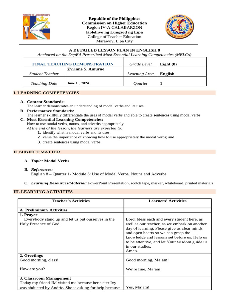 English 8 Lesson Plan on Modal Verbs | PDF | Learning | Verb