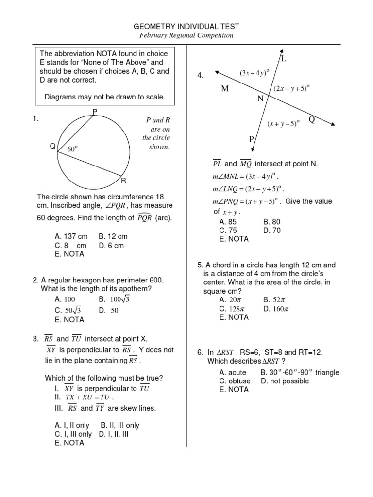 Geometry Individual Test February 2023 | PDF | Triangle | Area