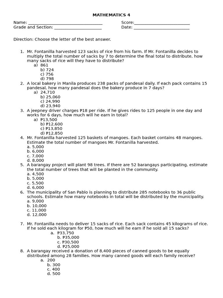Grade 4 Mathematics Exam Overview | PDF | Division (Mathematics ...
