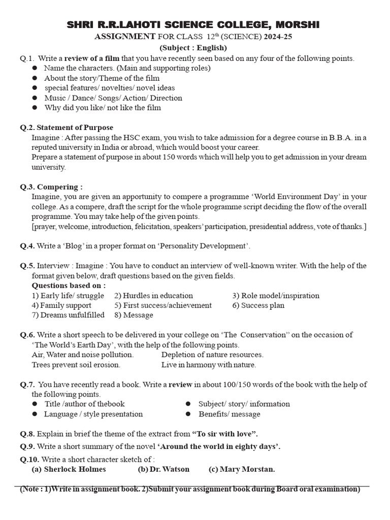 Class 12 English Assignment Guide | PDF