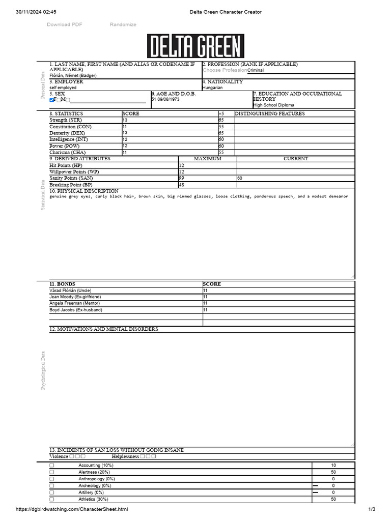Delta Green Character Sheet Template | PDF