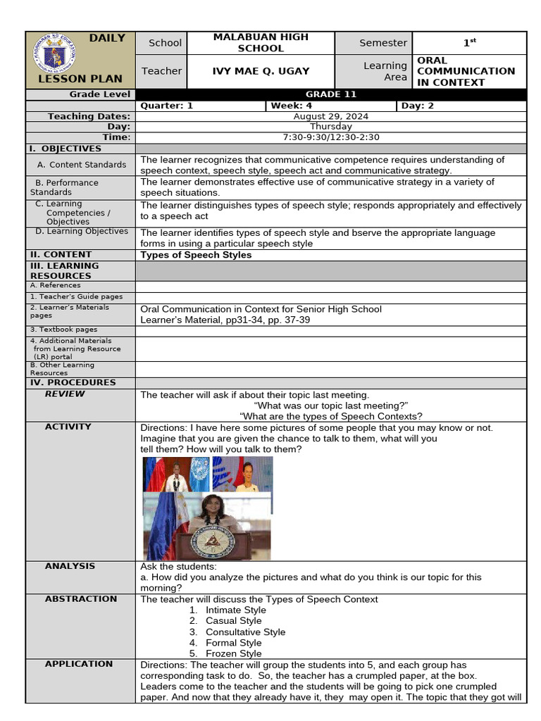 DLP - Aug. 29, 2024 - Speech Styles | PDF | Learning | Lesson Plan