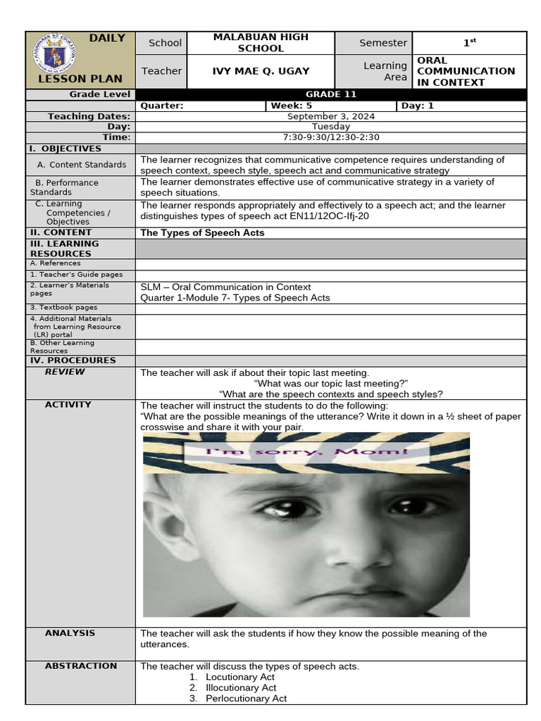 Grade 11 Oral Communication Lesson Plan | PDF | Cognition | Human ...