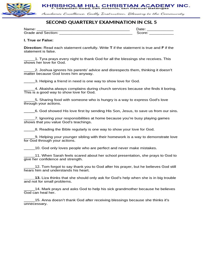 Second Quarterly Examination in CSL 5 | PDF | Prayer | Love