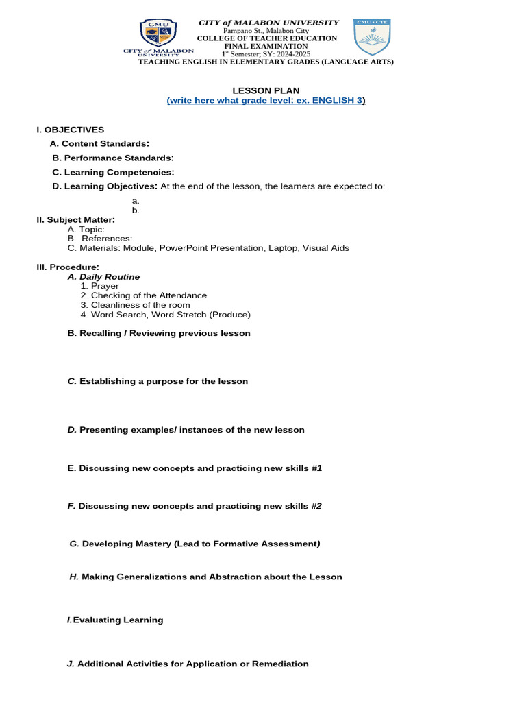 Lesson Plan Template Final Output | PDF | Lesson Plan | Learning