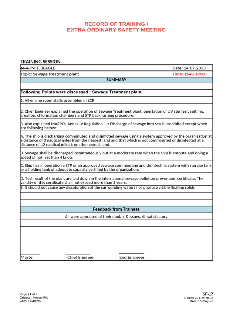 SF-17 Traning Record-Sewage Treatment Plant | PDF | Water Pollution ...