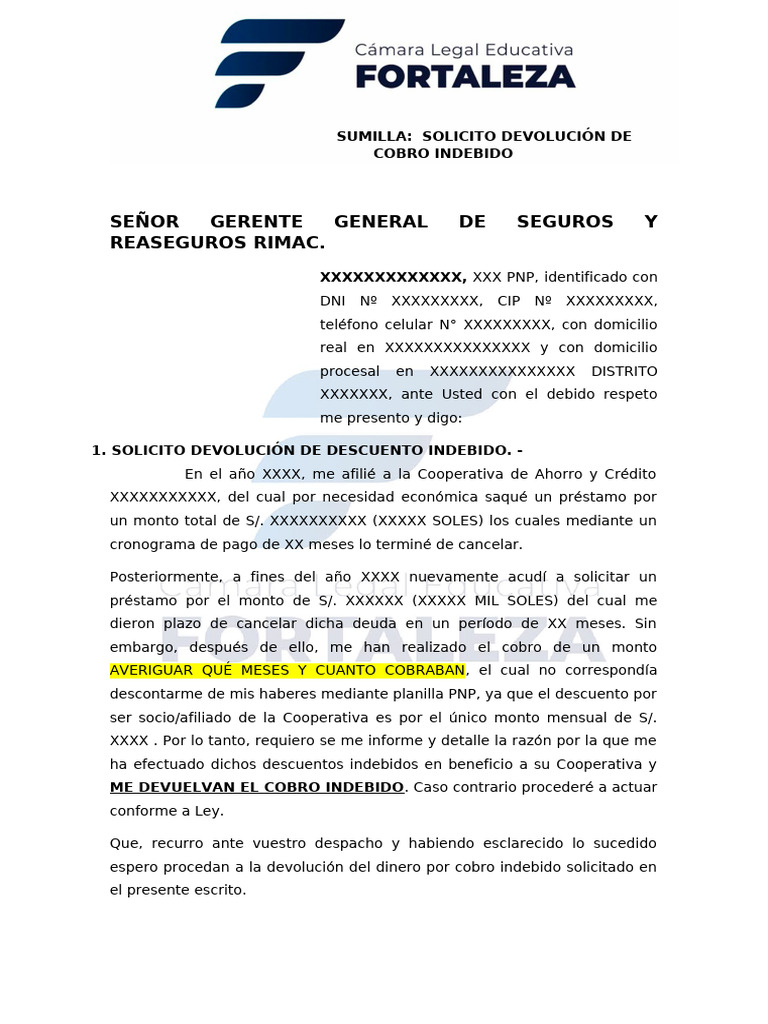 Solicitud de Devolución por Cobro Indebido | PDF