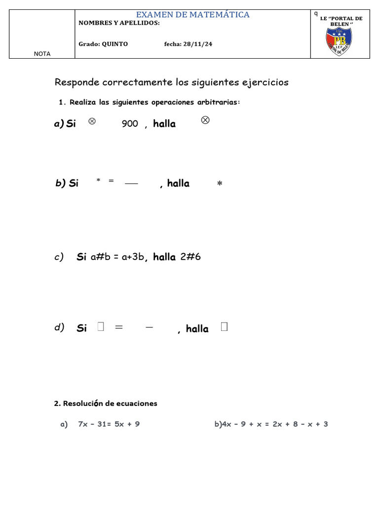 Examen 5to Matematica IV Periodo | PDF