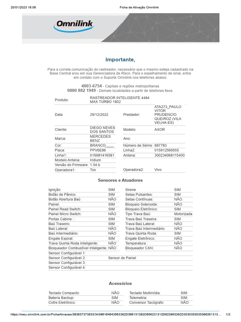 Ficha de Ativação do Rastreador Omnilink | PDF | Informática