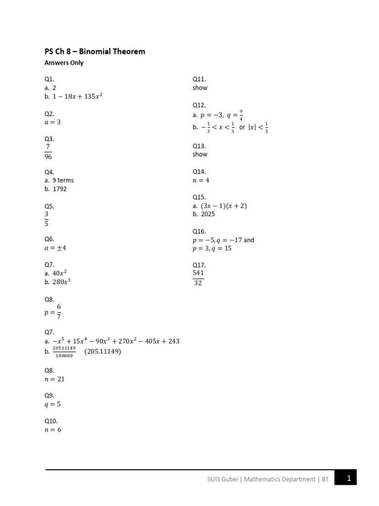 PS CH 8 Binomial THM Answers Only | PDF
