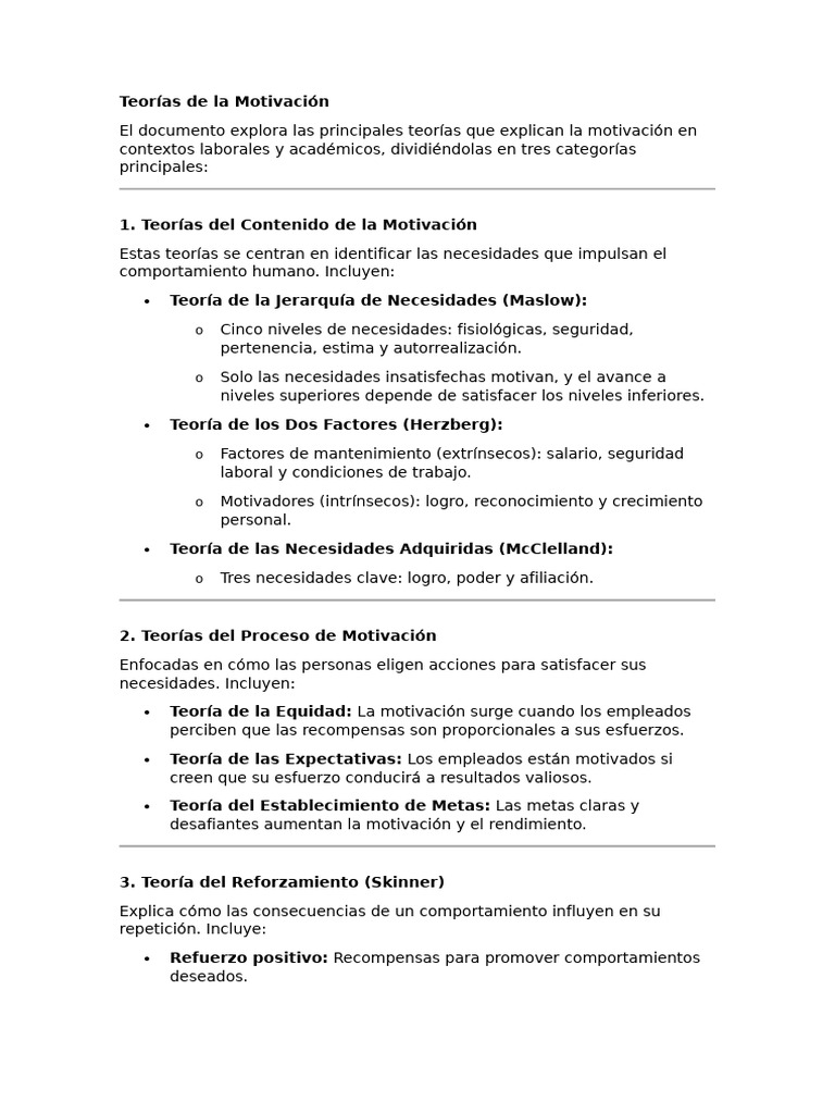 Teorías de La Motivación Resumen | PDF