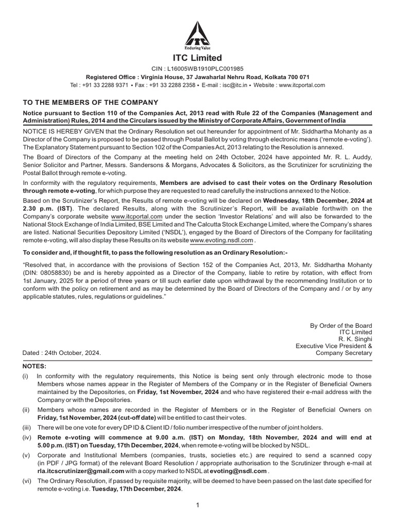 ITC Limited Notice for Director Appointment | PDF | Login | Electronic ...
