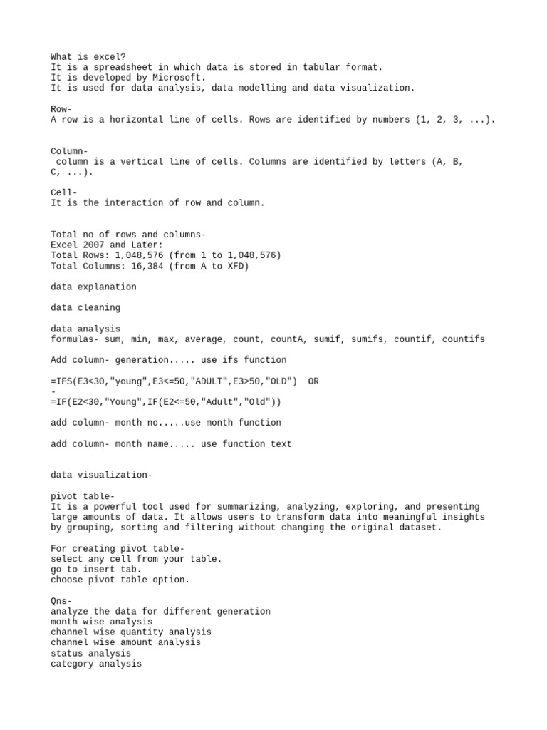 Excel notes pdf